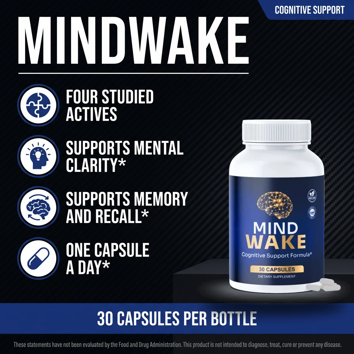 MindWake cognitive support capsules: four studied actives, one capsule a day, 30 capsules per bottle