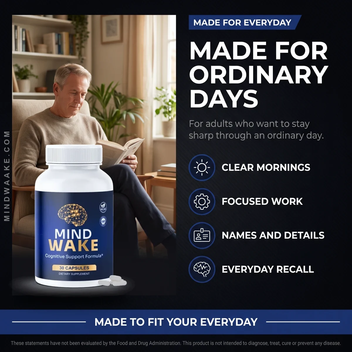 MindWake cognitive support capsules beside an adult reading at home, made for clear mornings and focused work